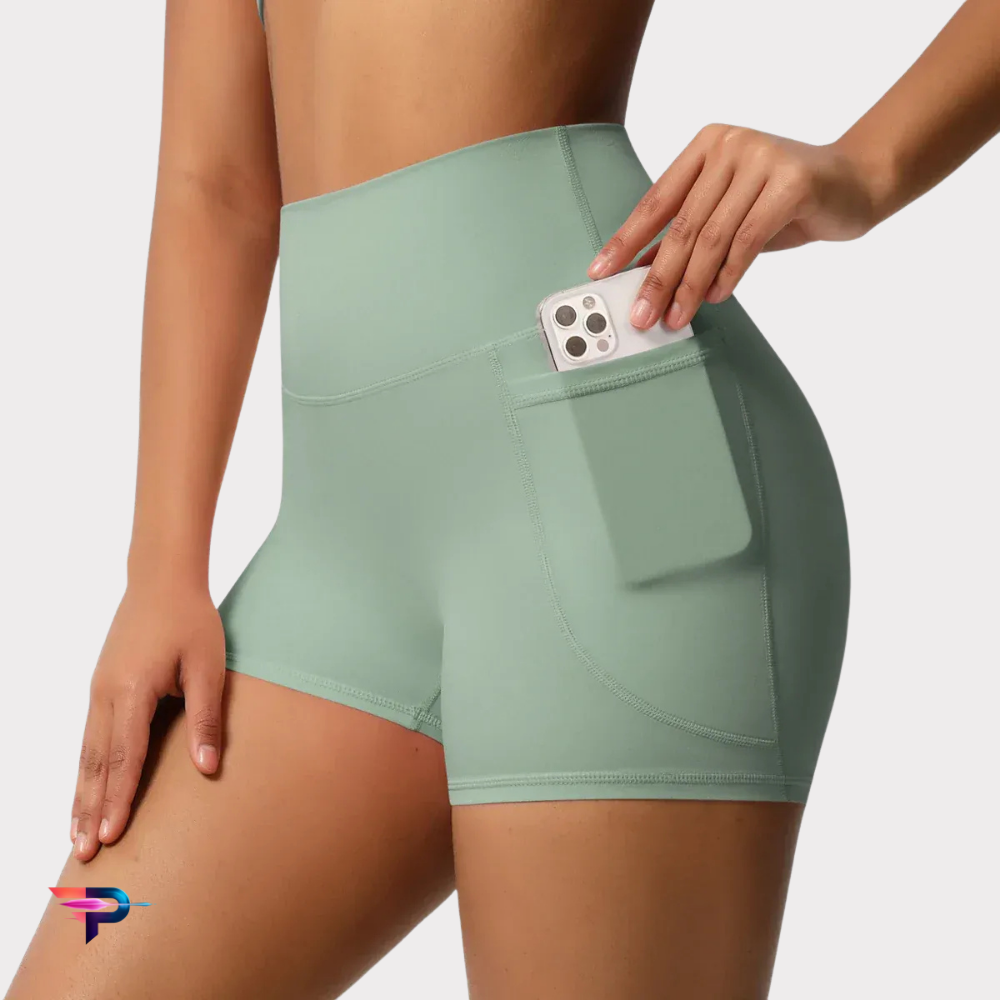 FlexMotion - Short Deportivo Mujer Push Up | Cintura Alta y Bolsillos Funcionales